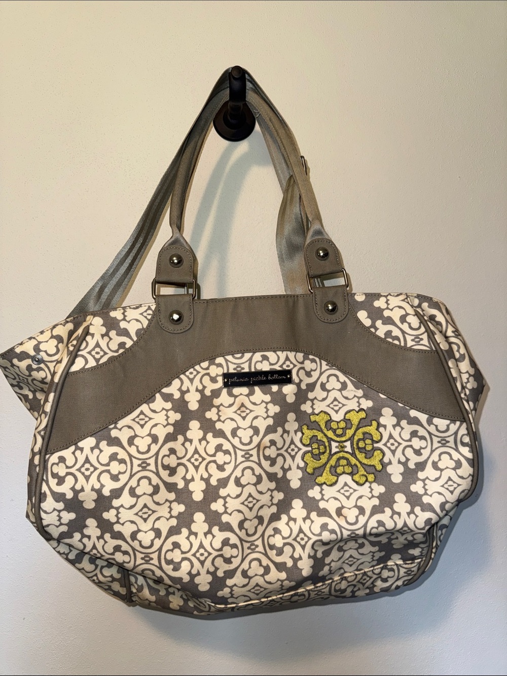Petunia Pickle Bottom Gray and White Pattern Tote with Lime Embroidery